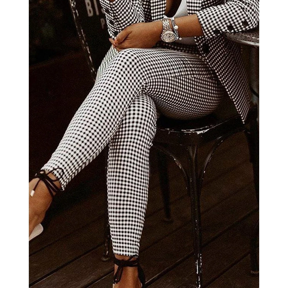 Women\'s 2Pcs/Set Long Sleeve Plaid Work Blazer Suit Sets Female Lady Open Stitch Drawstring Pants Sets Office OL Style Clothing