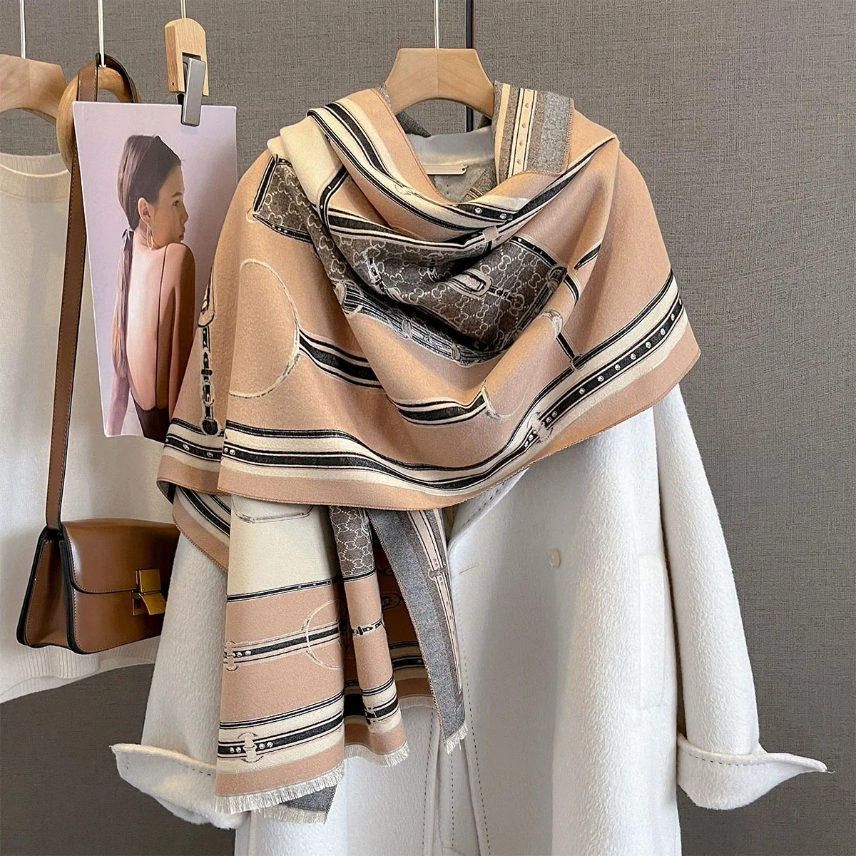 

New Women's Fashion Faux Cashmere Winter Scarf Vintage Print With Tassels Thick Warm Pashmina Two-Sided Wrap Outdoor Shawls