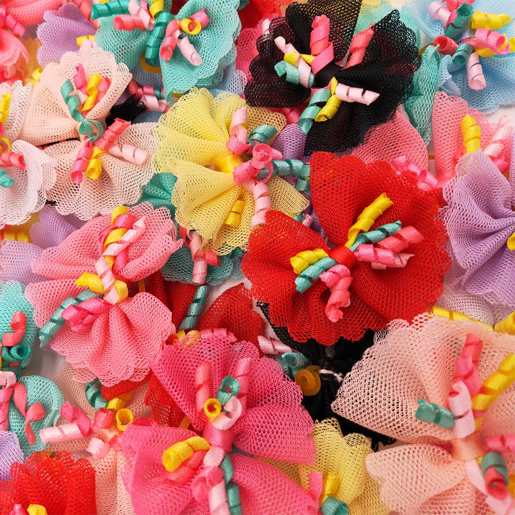 50Pcs Mixed‑Color Mesh Pet Hair Bows with Rubber Bands, Cute Curly Ribbon Decor Hair Ties, Pet Grooming Accessories