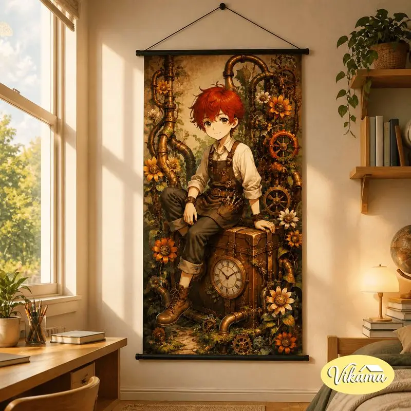 VIKAMA Steampunk Anime Girl Tapestry Mechanical Bird Gear Flower Vintage Art Wall Hanging for Bedroom Aesthetic Home Decor