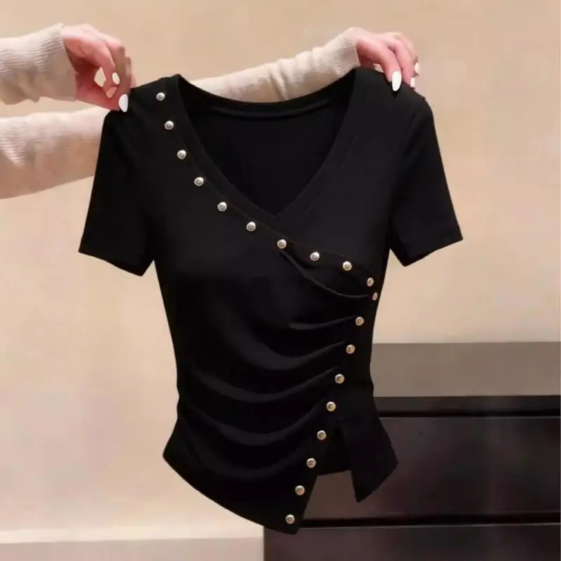 Korean Slim Irregular Solid Short Sleeve Pullovers Top O-neck All-match High Street T Shirts Summer Fashion Trend Women Clothing