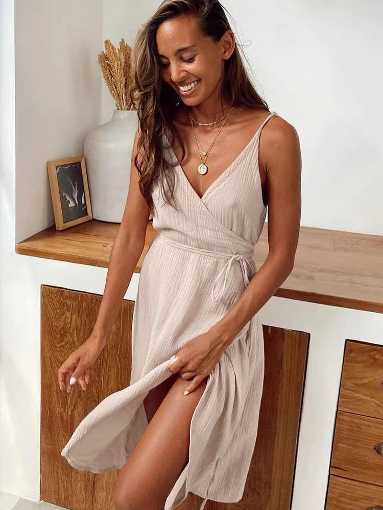 Linad Irregular Woman Dress Sexy Spaghetti Strap V Neck Lace Up Night Dress Women Summer Casual Nightwear Female Cotton 2022