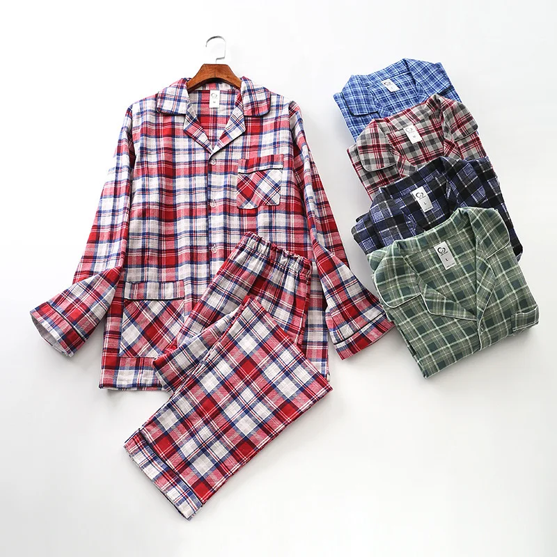 Conjuntos de pijamas informales a cuadros para hombre, ropa de dormir de franela de algodón 100%, traje para hombre de manga larga con cuello vuelto, ropa para el hogar, primavera y otoño