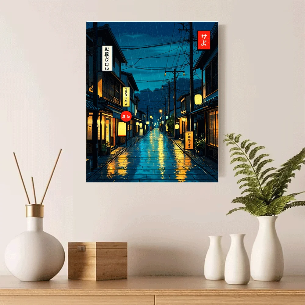 1PC-Unframed Canvas poster wall decoration Japanese Night Rain Lanterns Shop Lights Water Reflections Urban Scene Art