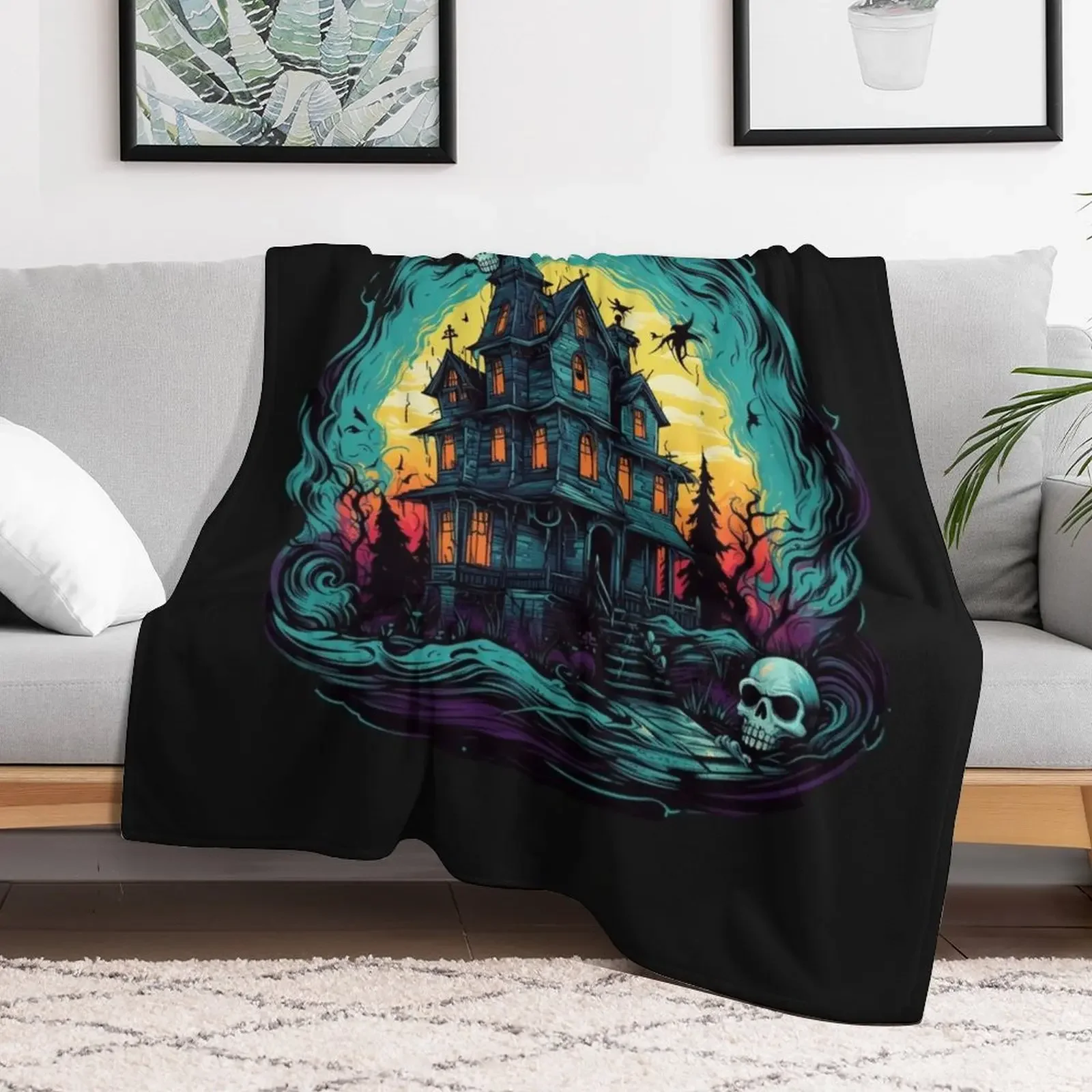 Haunted House Throw Blanket Outdoor Soft Blanket for Picnic Beach Camping