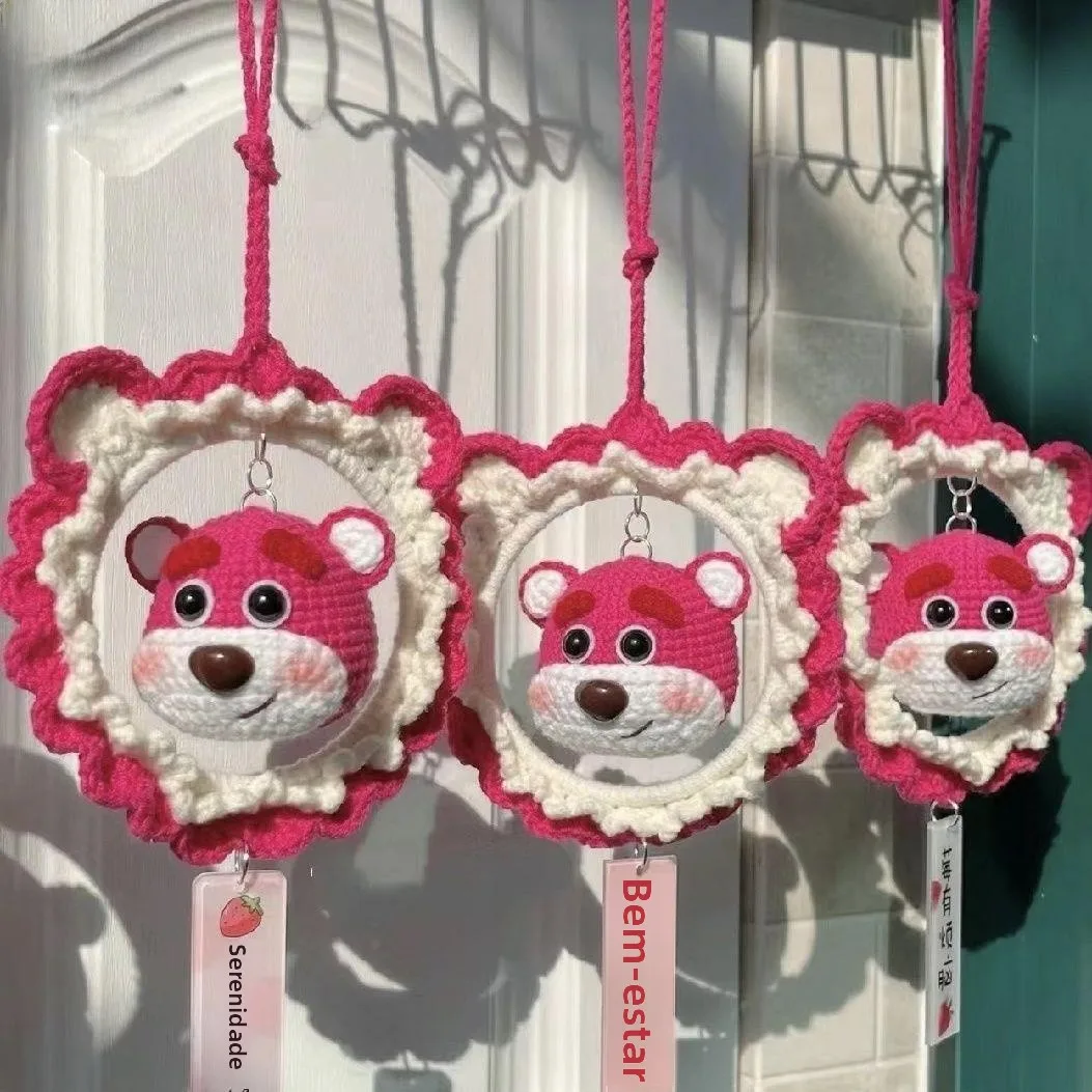 kit-de-materiais-para-ornamento-de-carro-urso-morango-tricotado-a-mao-decoracao-de-interiores-pingentes-prontos-para-pendur