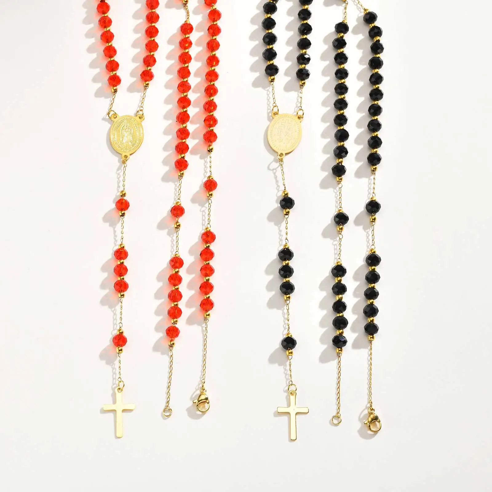 Vnox Long Acrylic Beads Chain Rosary Necklace For Women Men, Stainless Steel Virgin Mary Small Cross Pendant, Gifts To Her - Detail 1