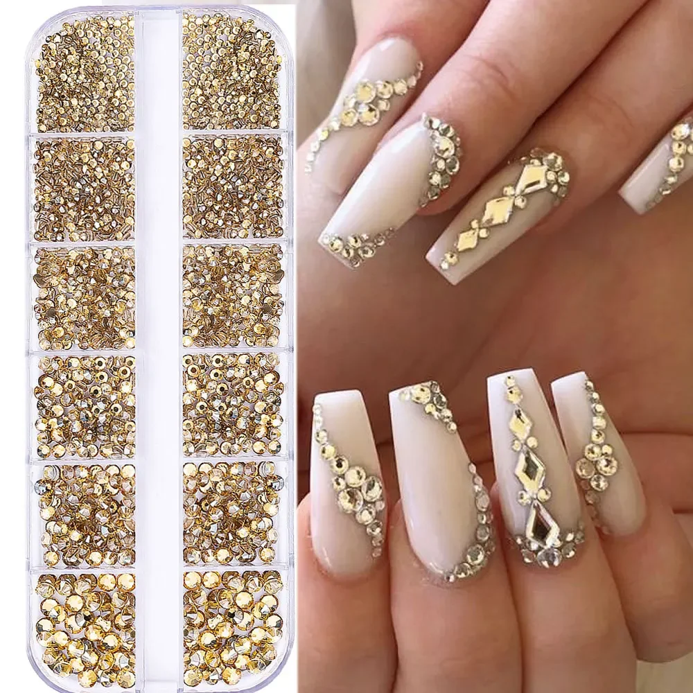 

1.5mm-5mm Champagne Glass Crystal Nail Art Gems 12grids Flatback SS4-SS16 Mixed Nail Art Rhinestone Non-Hotfix Diamond Nail Deco
