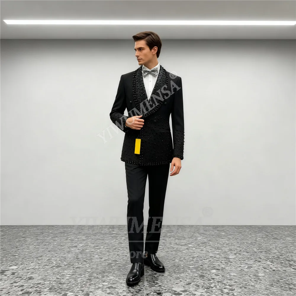 الراين مطرز دعوى الملابس للرجال 2 قطعة مجموعات مزدوجة الصدر سترة السراويل مخصصة العريس الزفاف البدلات الرسمية الذكور الحلل
