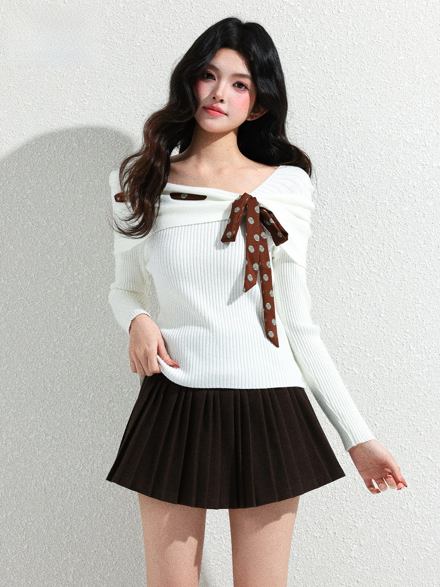 

Elegant White Knot Square Neck Knitted Sweater Women's Summer One-Shoulder Overhead Sweater Top Sweet Style Long Sl...