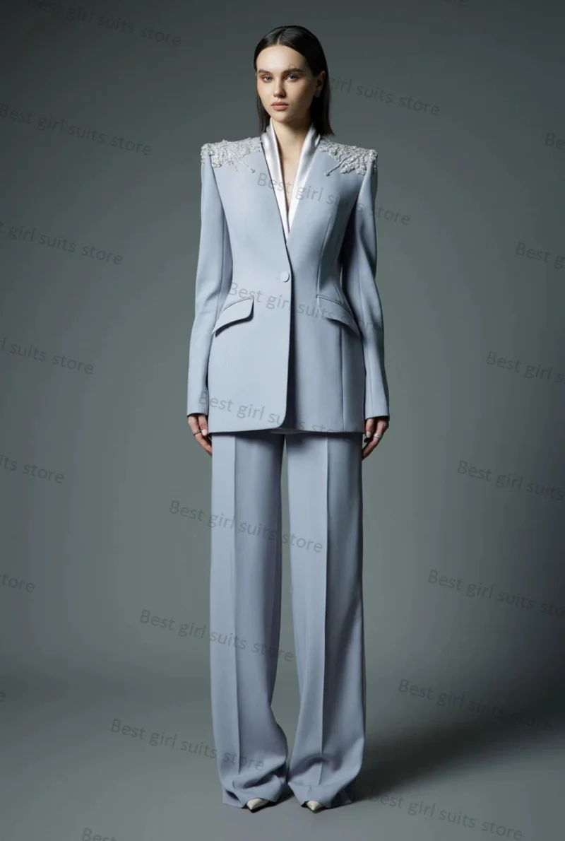 

Light Blue Beaded Women Suit Pants Set Blazer+Trousers 2 Pieces Formal Office Lady Wedding Tuxedo Custom Made Cotton Jacket Coat