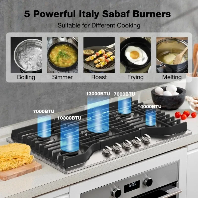 thermomate 36 Inch Gas Cooktop with 5 Italy Sabaf Power Burners, Built In Gas Stove Top of 304 Stainless Steel, Gas Hob NG/LPG