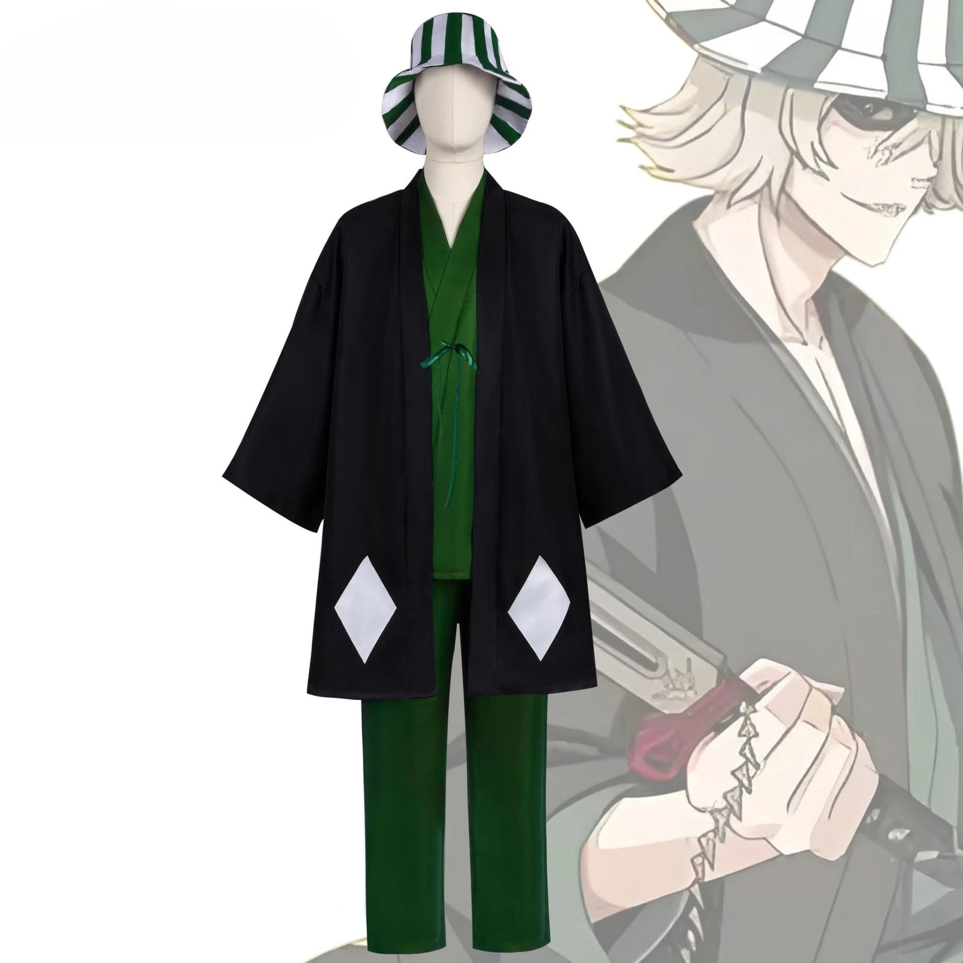 

Anime BLEACH Urahara Kisuke Cosplay Costume Top and Pants with Hat Halloween Costume Carnival Party Outfit for Adult Men