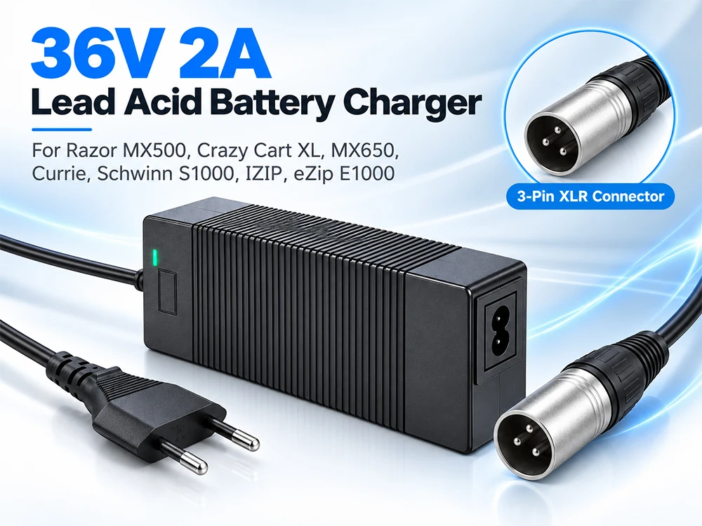 36V 2A Battery Charger for Razor MX500, MX650, GT GT750, IZIP I600, I1000, Mongoose M750, X-Treme X-600, Schwinn S600 ST1000