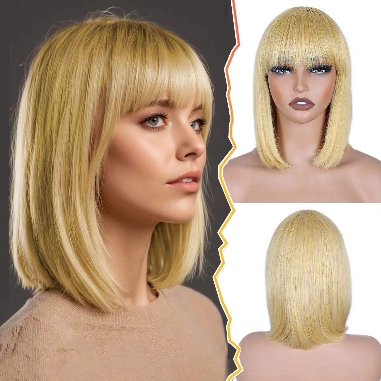 

Short Blonde Bob Wig with Bangs Straight Wigs for Women Heat Resistant Adjustable Straps Wigs for Girls for Party Cosplay (Blue)