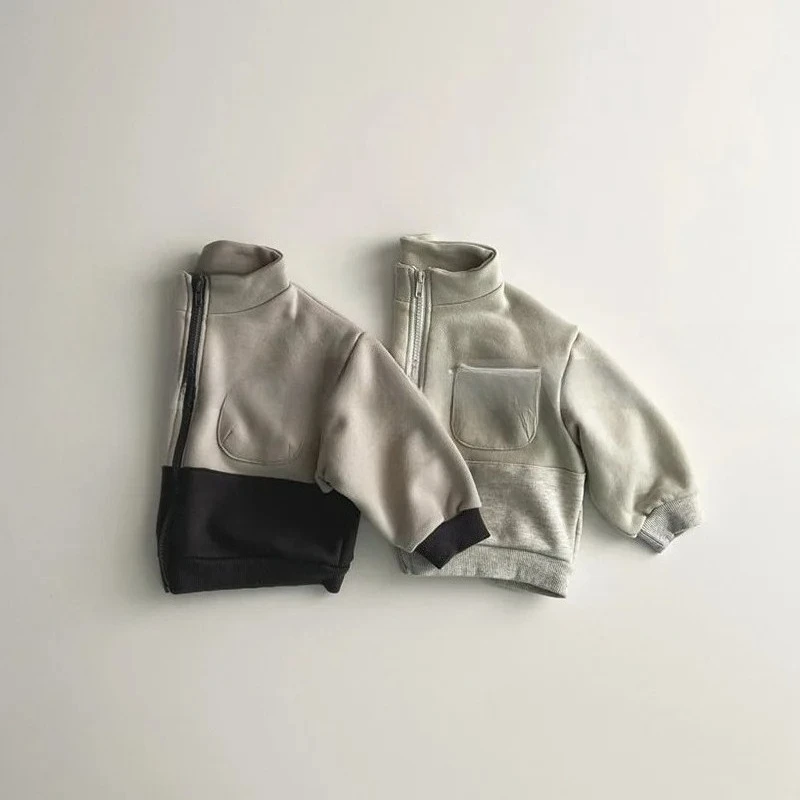 

2025 autumn boys and girls versatile contrasting zipper shirt Children's zipper stand-up collar casual jacket Korean clothing
