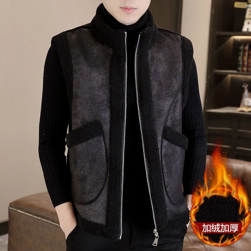 Double-sided Jacket Vest For Men High Quality Winter Lamb Wool Coat Warm Fashion Casual Gilet Male Jacket Sleeveless Waistcoat