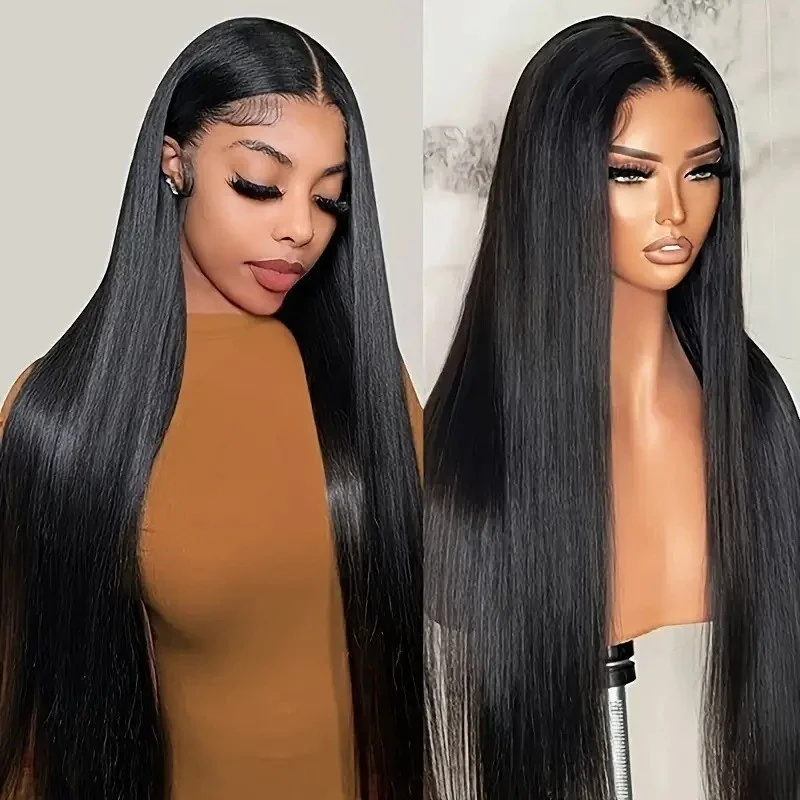 Front lace wig with black parted long straight fluffy full hair cover