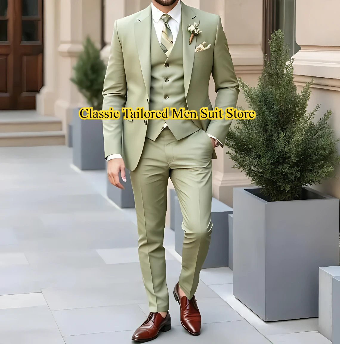 

New Army Green Business Suit Men Tuxedos Groom Groomsman Prom Wedding Party Formal Occasion Male 3 Piece Set Jacket Vest Pants