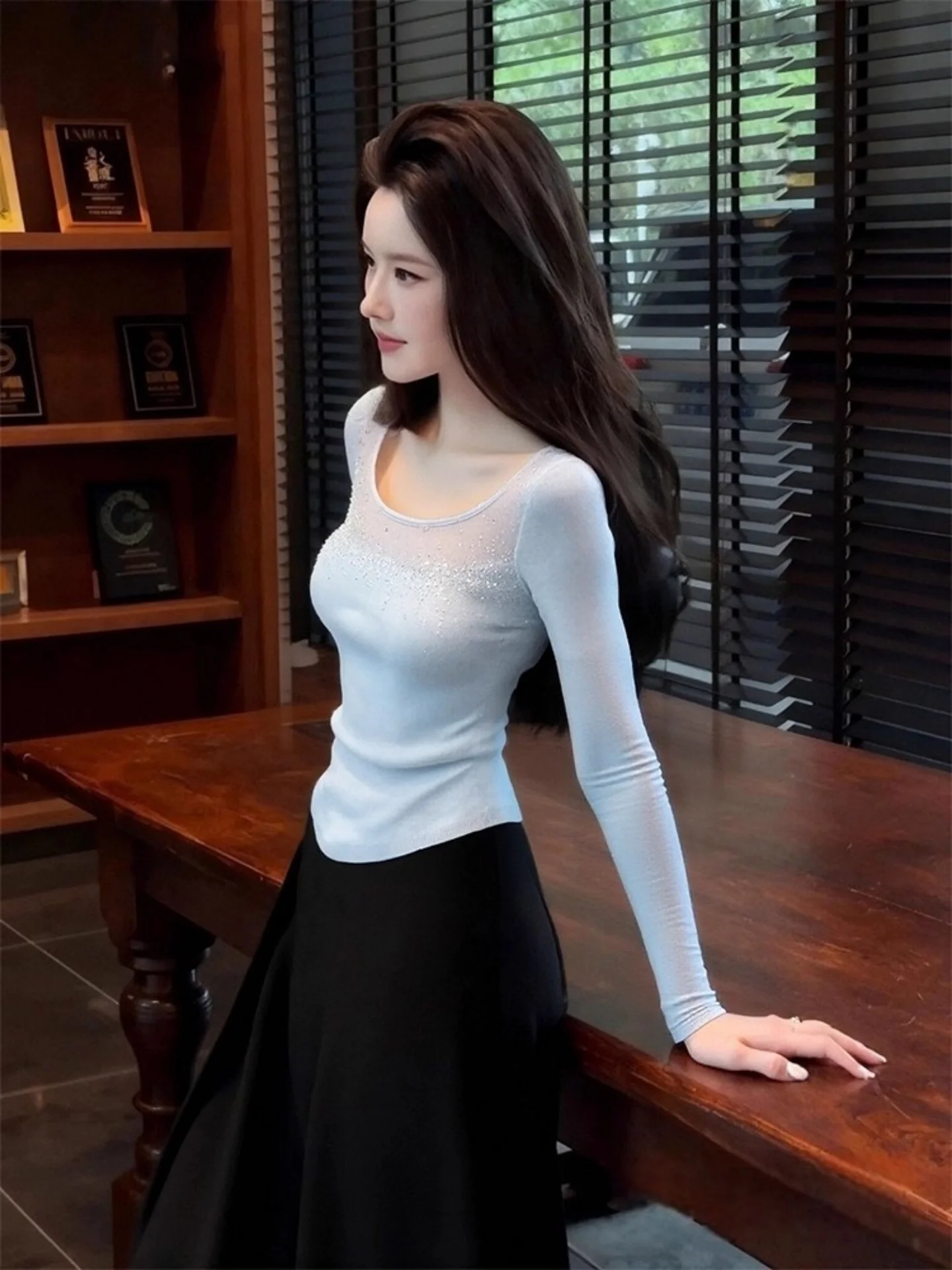 

Синяя вязаная базовая кофта для женщин, осенне-зимняя, приталенная, повседневная, с квадратным вырезом, внутренний топ, асимметричный дизайн, с ромбовидным узором.