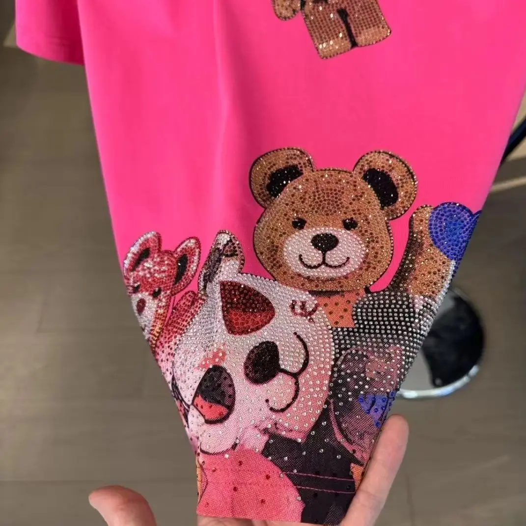 

High Street Trendy Male T-shirt New Spring Summer Cute Bears Hot Drilling Cotton Bottoming Tops Chic Men's Short Sleeve Tops