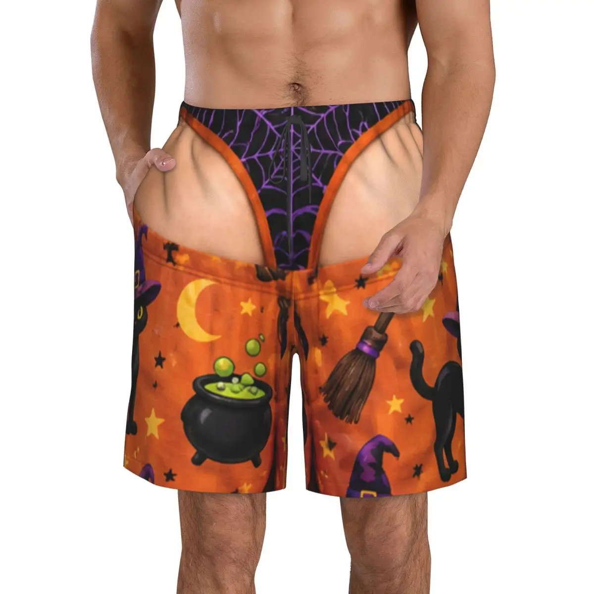 Men's Funny Sexy Halloween Spider Web Spooky Swim Trunks Hawaiian Bathing Mesh Lining Suit Swimsuits Beach Shorts