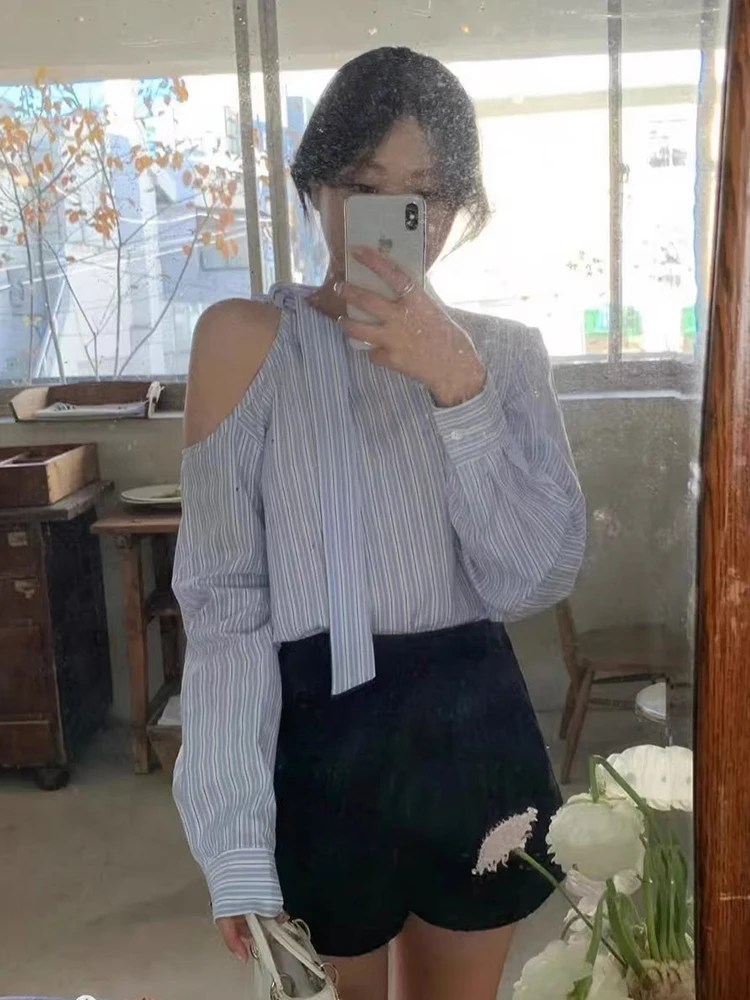 Chic Frühling Herbst Design Stehkragen aushöhlen oulder Krawatte Lose Beiläufige Lange Sve Vertikale Streifen frauen irt