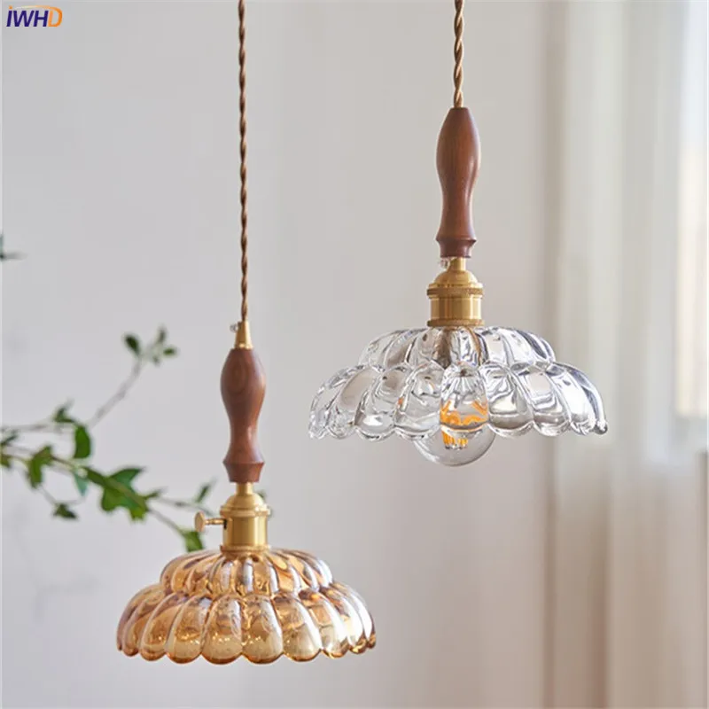 IWHD Japanese Vintage Glass LED Pendant Lamp Beside Bar Bedroom Dining Lving Room Light Wooden Copper Hanging Lights Home Decor