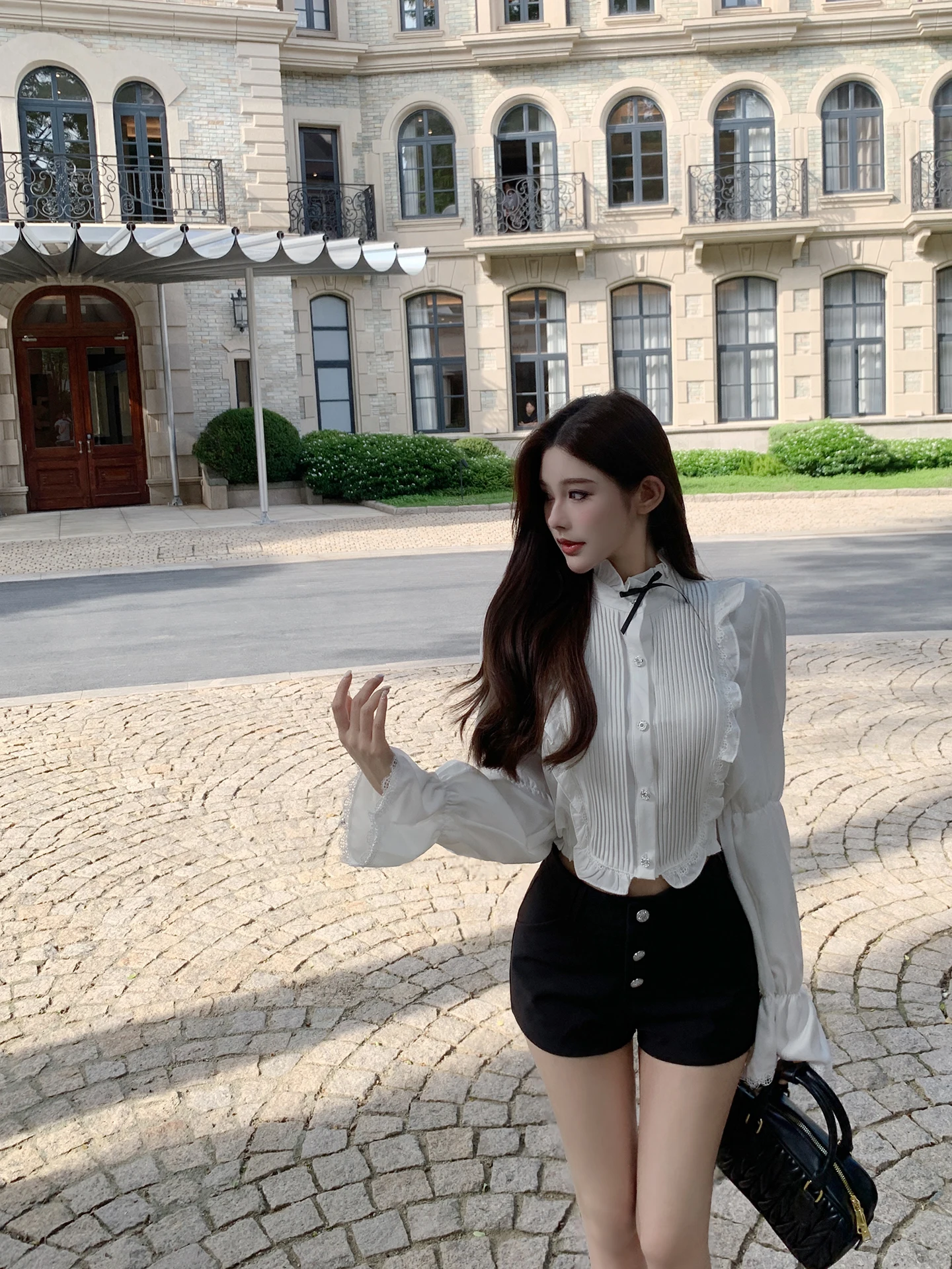 

Luna 922 New White Heavy Industry Court Sve irt Lady's Faion Straight Tube Long Sve Stand Collar Thin Non-deformable