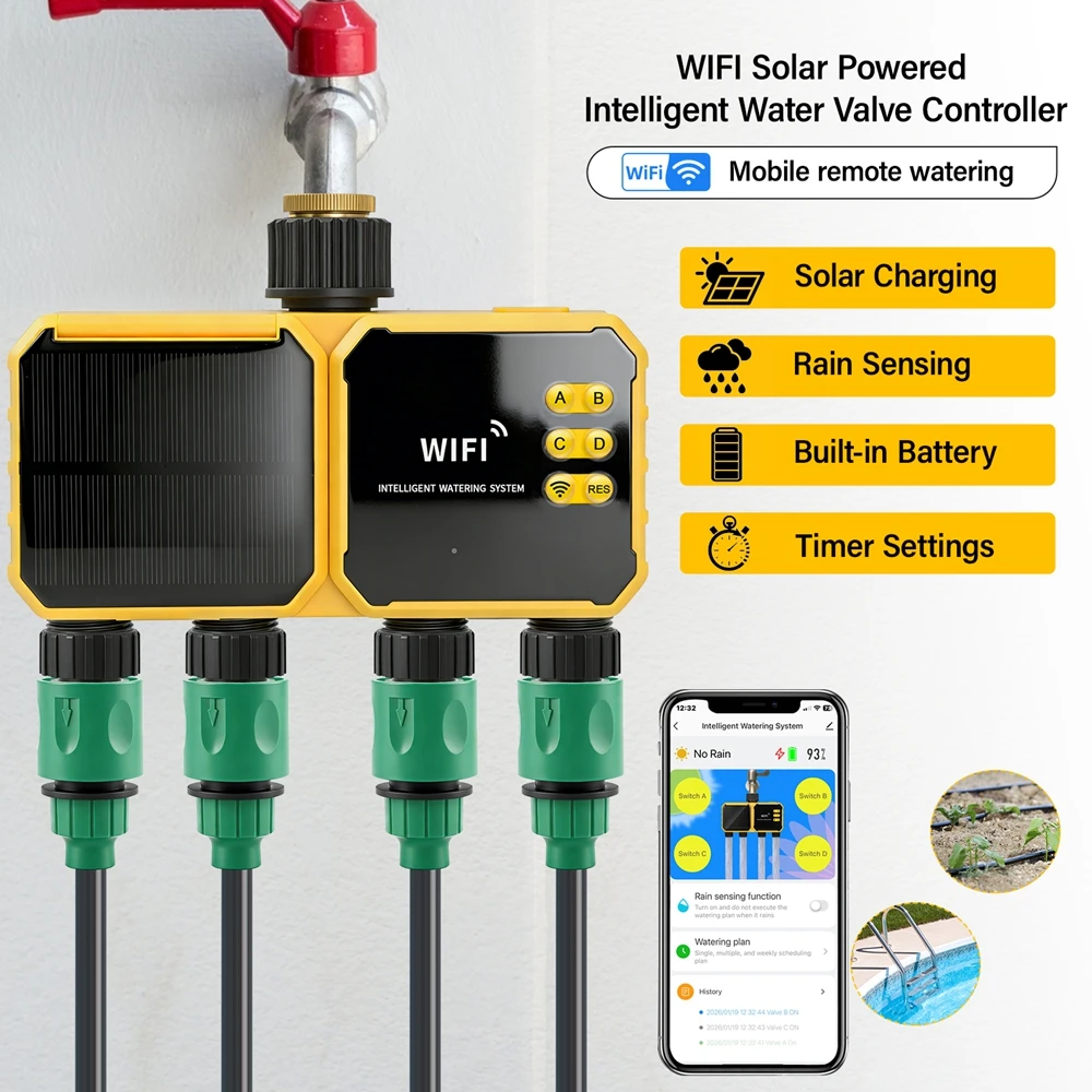 Solar Powered 4 Zone WiFi Water Irrigation Timer Water Valve Controller Smart Life App 2.4GHz Auto Watering System Plan Timer