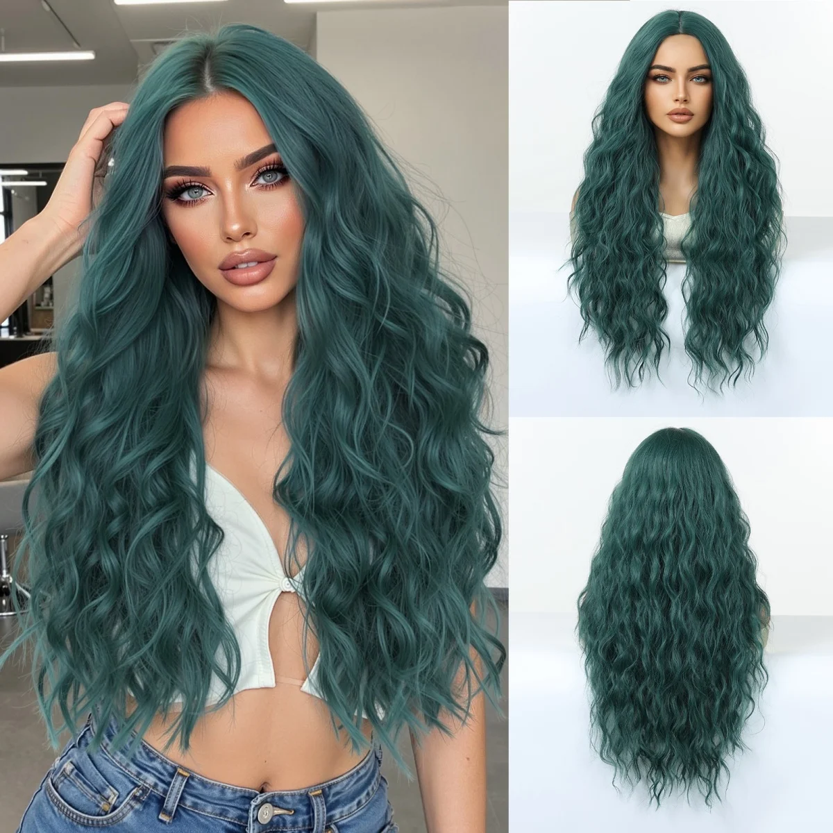 

LOUIS FERRE Blackish Green Long Curly Wig For Women Daily Cosplay Party Use Fake Hair Heat Resistant Synthetic Colorful Hair Wig