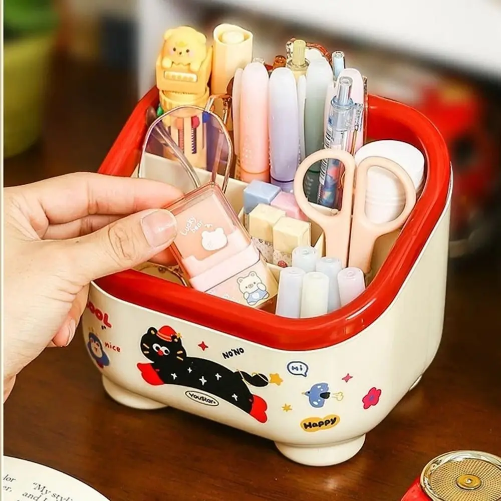 

Cartoon Desktop Pen Holder Multi Grid with Random Stickers Pencil Organizer Large Capacity Multi-functional Desktop Container
