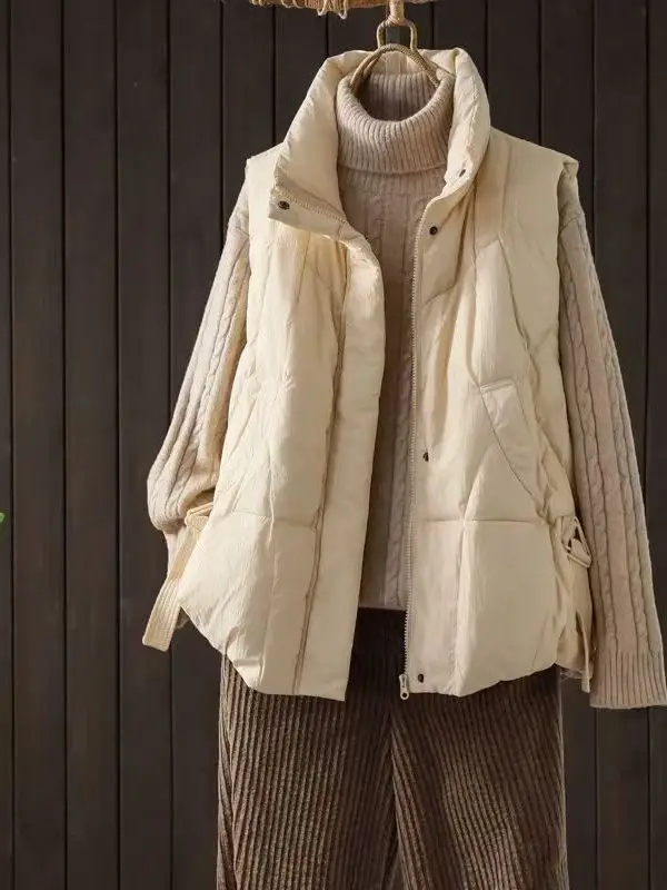 

Женский пуховый жилет Thiened, свободный утягивающий морской универсальный жилет, верхняя одежда, осенний новый жилет с высоким воротником на молнии, Pur...