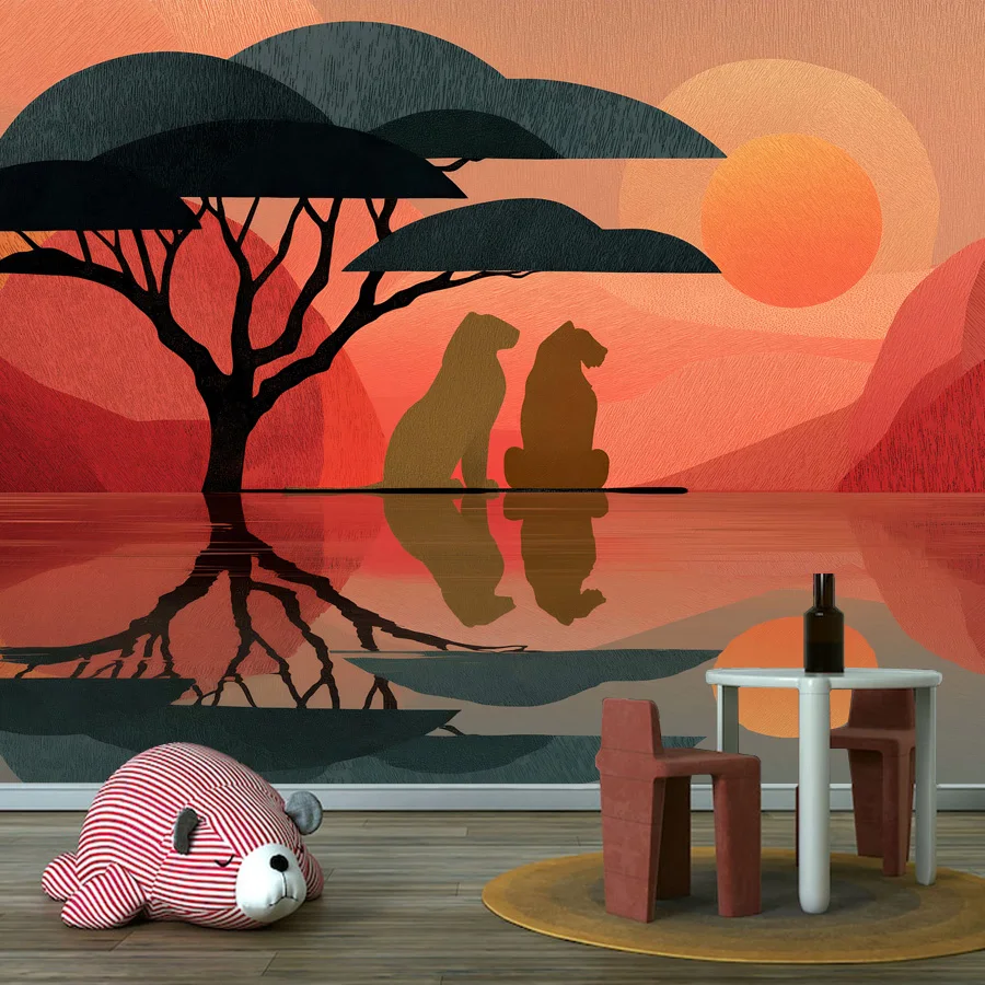 26+ Wallpaper for Living Room, Stylized Sunset Landscape With Lions, Self Adhesive Optional, Contact Panel Baby's Bedroon Mural