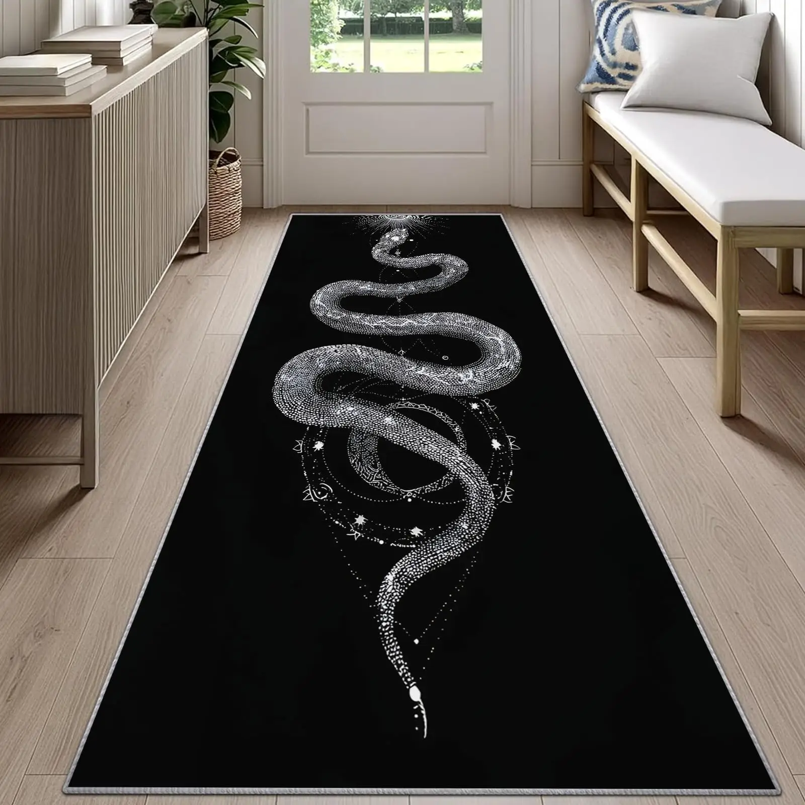Snake Print Runner Rug Black Background Star Moon Pattern Carpet Non Slip Floor Mat For Hallway Kitchen Entryway Home Mats
