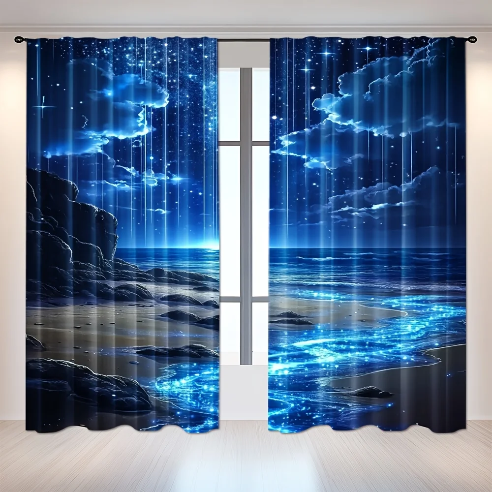 2PCS Aurora Moon Beach Blackout Curtains – Woven Polyester, Rod Pocket for Living Room Bedroom Office Decor