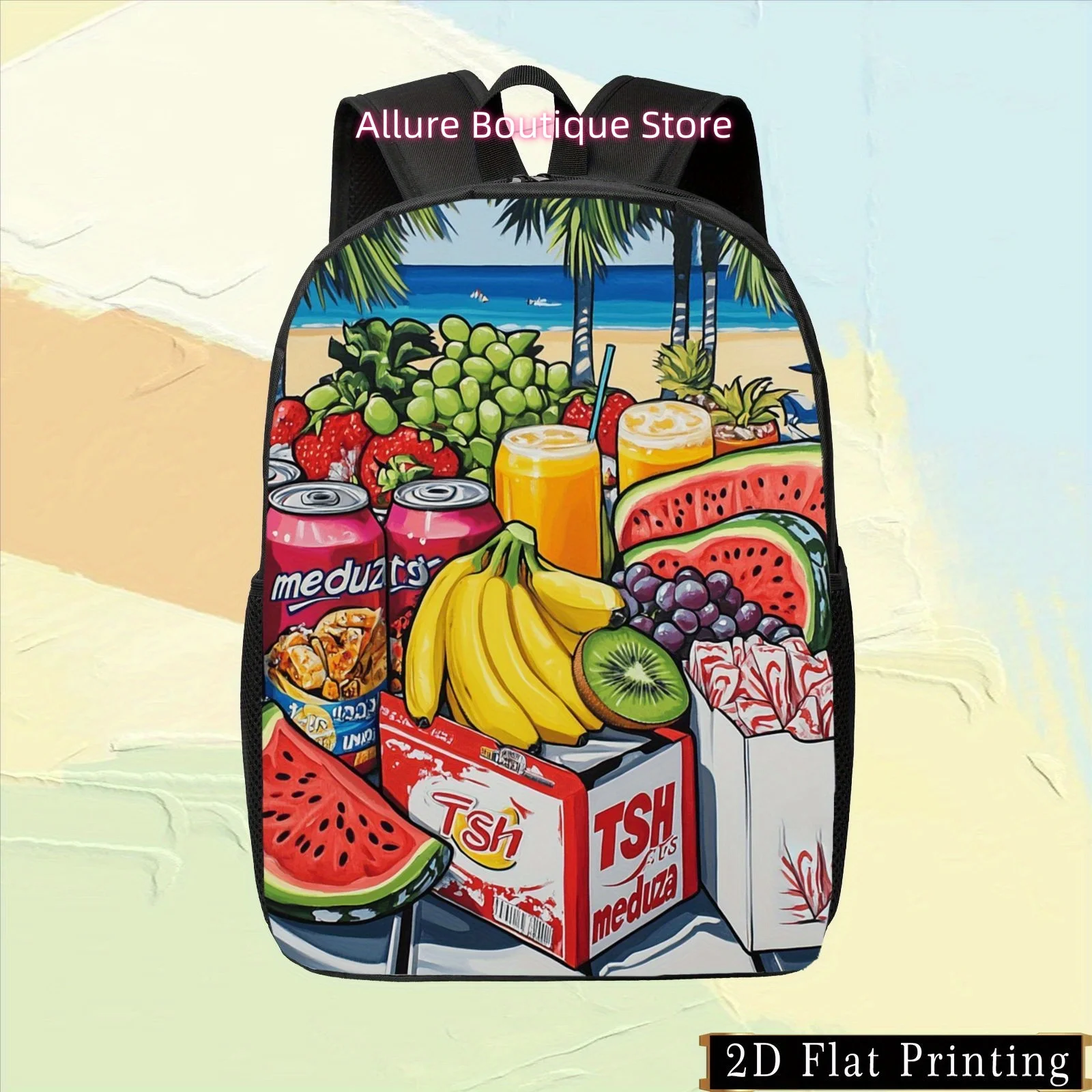1pc Colorful Single-Sided Print Student Backpack Featuring Tropical Fruit Drink Designs. It Is Hand Washable with a Zipper Closu