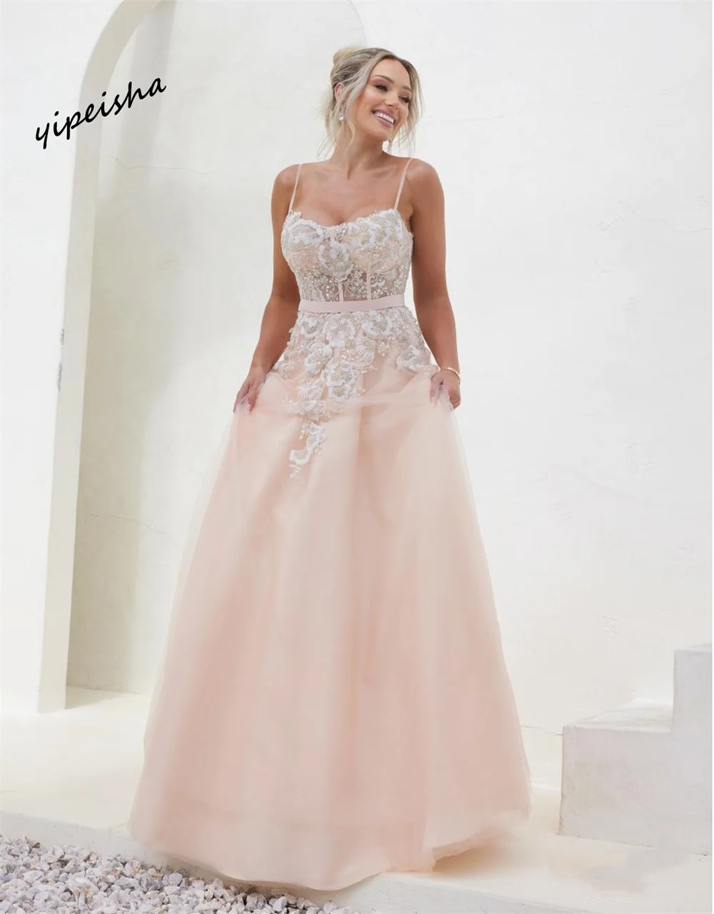 Yipeisha-Elegante Spaghetti Strap Prom Dress, Vestidos A-Line, Até o chão, Lace Applique, Tule, Vestidos personalizados