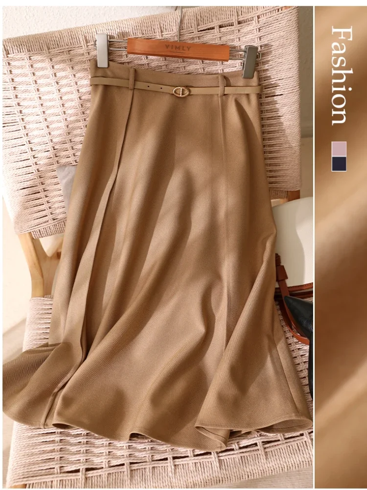 Vimly A Line Elegant Umbrella Skirt Women Autumn 2023 Delicate Elegant Light Luxury High Waist Versatile Woman Midi Skirts V3760