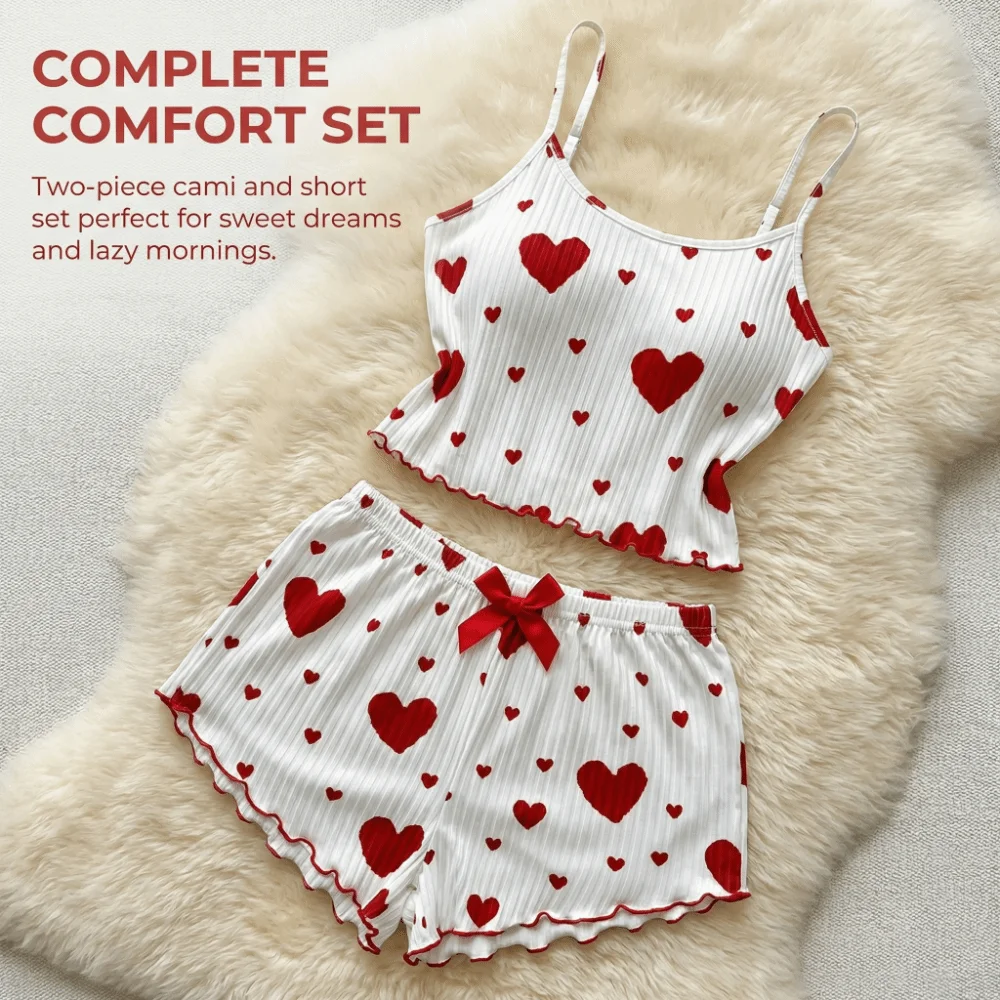 

Comfortable Love Heart Women's Pajamas Set Homewear Bow Two Piece Nightwear Summer Cami Shorts Pajamas Spring/Summer