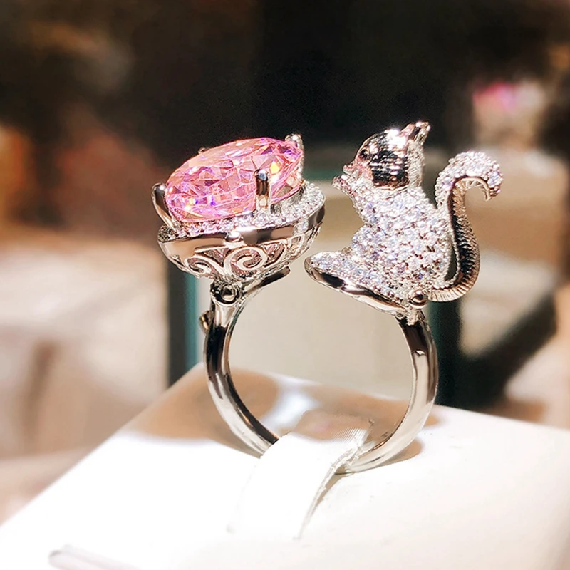 2024 New 925 Silver Plated Ring for Women's Creative Squirrel Pink Zircon Ring By Mouth Adjustable Jewelry Anniversary Gift