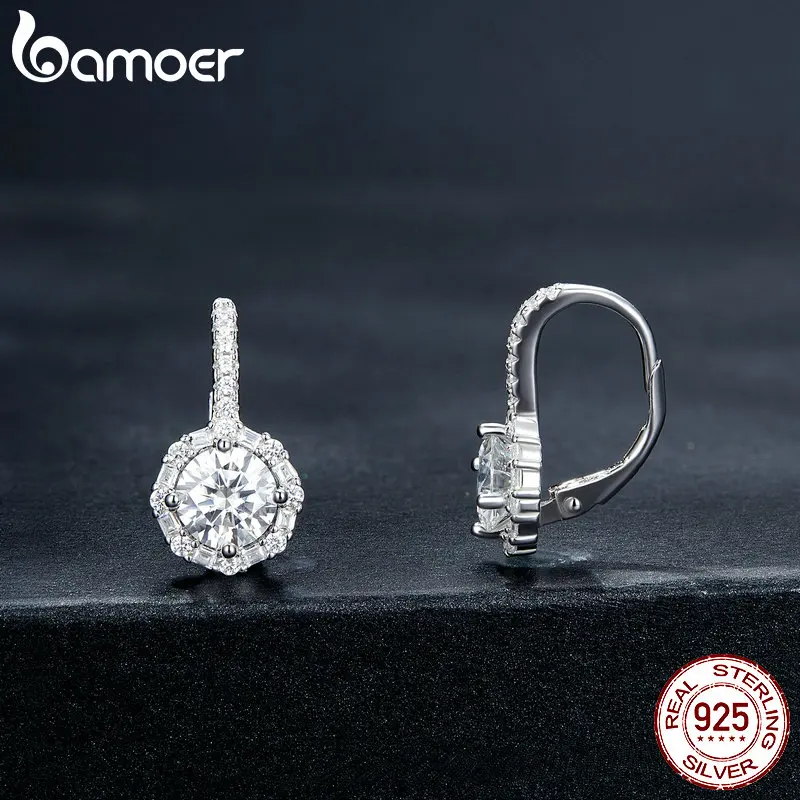 Bamoer 1CT D Color VVS1 EX Moissanite Hoop Earring S925 Sterling Silver Cut Round Diamond Piercing Ear Buckle for Women Girl