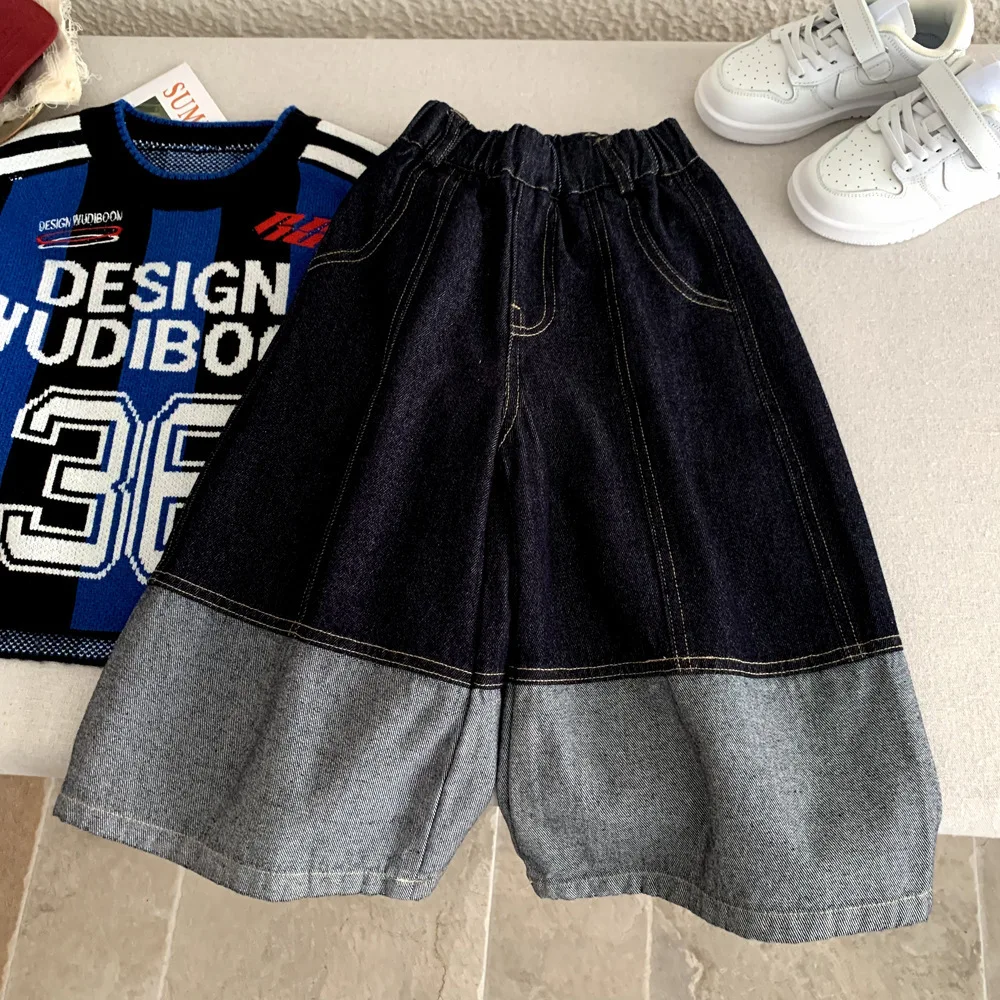 Children Clothes Kids Cause Denim Pants 2026 New Spring and Autumn Color-blocking Jeans Loose Kids Casual Wide-leg Jeans