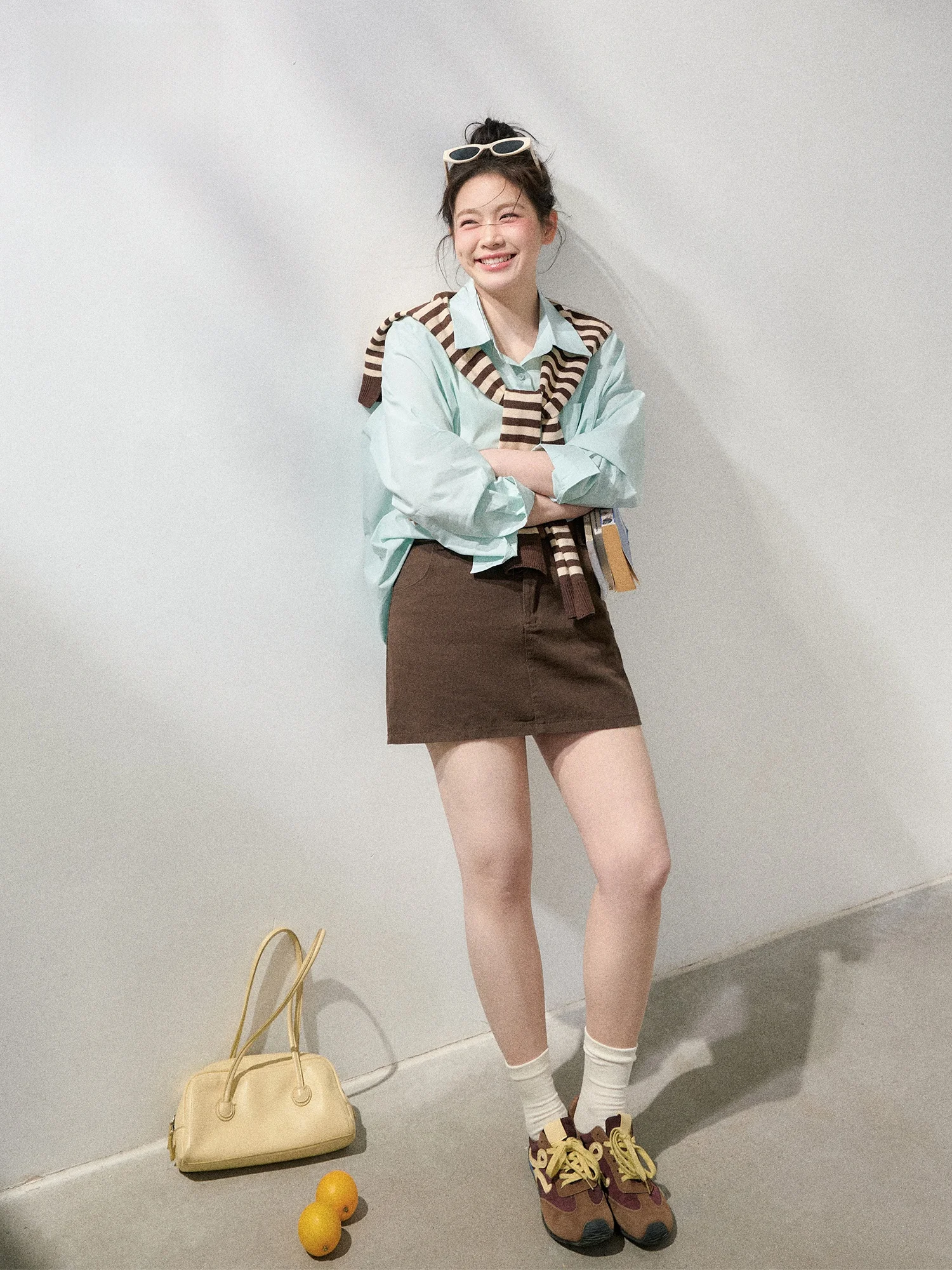 

plus Size Women's Faion Set High Waist A-Line Skirt irt And Scarf Coffee Color Korean Sle Slimming Fre Stripes