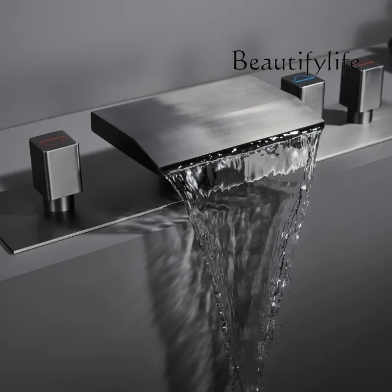 

BJ All-copper Gun Gray Hot Spring Bath Faucet, Three-outlet Waterfall, Large-flow Self-built Bathtub Faucet