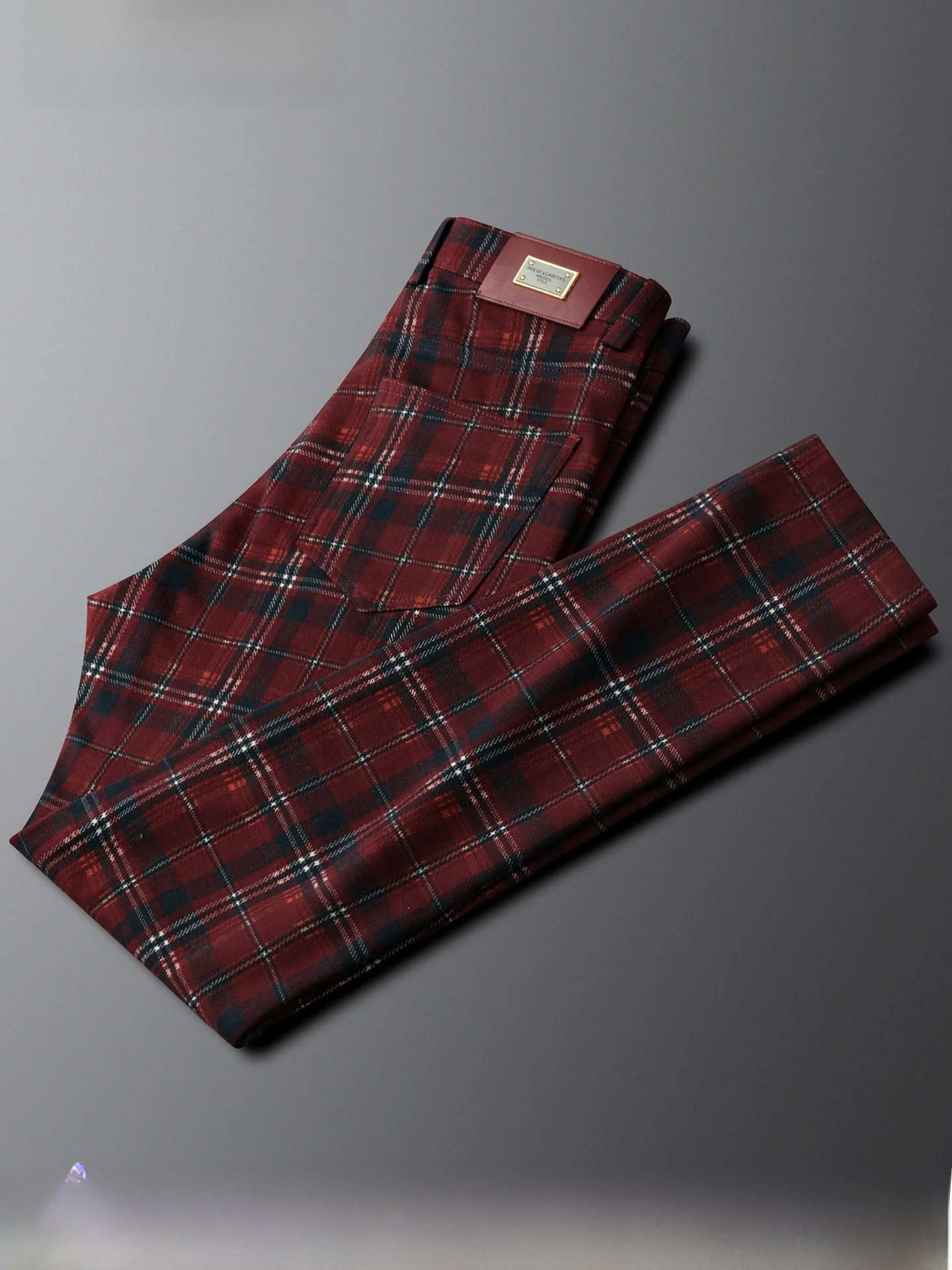 

Red Plaid Slim Fit Casual Pants for Men Busin Commute Straight Leg Elastic Cotton Polyester Blend Fiber Trousers