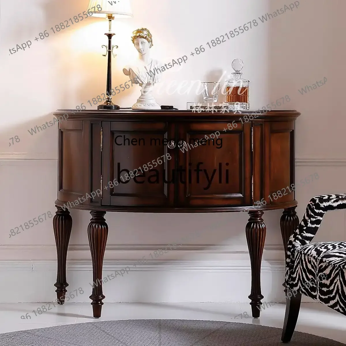 

French retro solid wood semi-round entrance cabinet/American country living room decorative cabinet/art locker6220