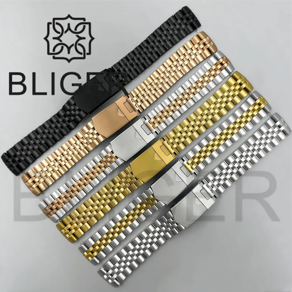 BLIGER Silver Gold 20mm Width Watch Band With Shield‑shaped Safety Deployment Clasp With Quick‑adjust Function Jubilee Bracelet