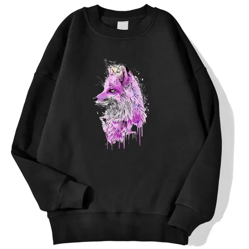 

Charm Fox On Purple Background Printed Men Sweatshirts Autumn Hooded Trend O-Neck Loose Pullovers Autumn Warm Streetwears