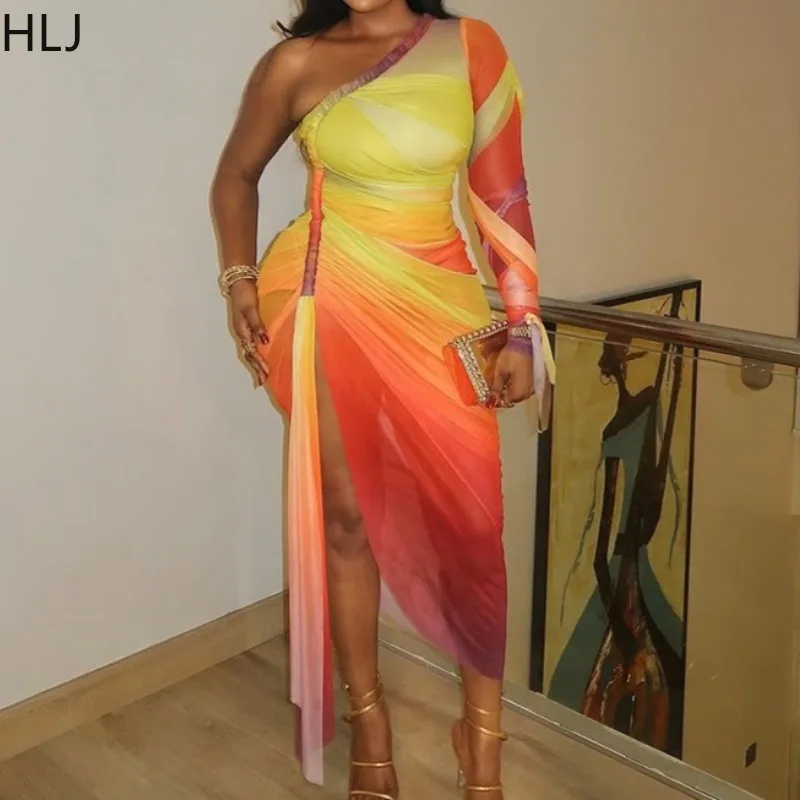 

HLJ Sexy Gradient Print Ruched Patchwork Bodycon Dress Women Inclined Shoulder See Through Irregular Dresses Female Vestidos New